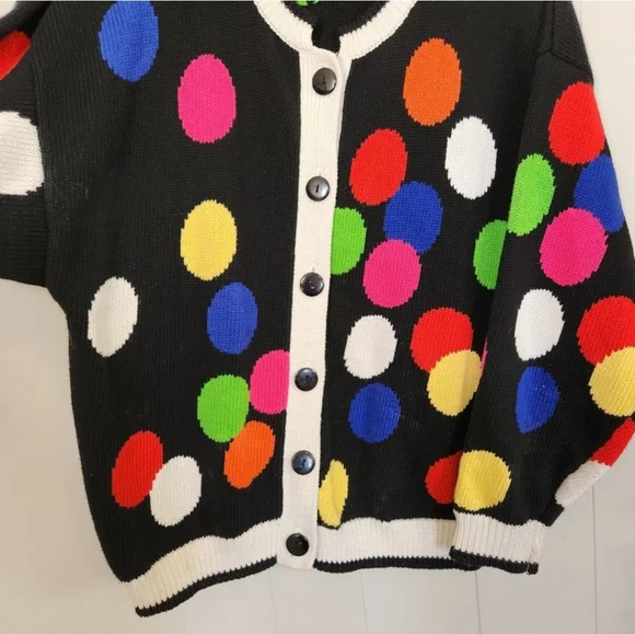 Vintage 💯 cotton Polka Dot Sweater Cardigan  80s 90s 1990s Cabincore Preppy - Picture 2 of 9